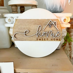 Home Sweet Home Round Sign | Farmhouse Tiered Tray Decor | Neutral Mini Wood Sign | Everyday Shelf Sitter | Housewarming Gift Idea