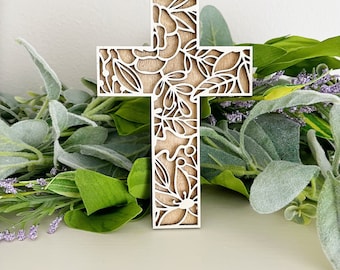 Floral Wooden Cross – Layered Rustic Christian Decor