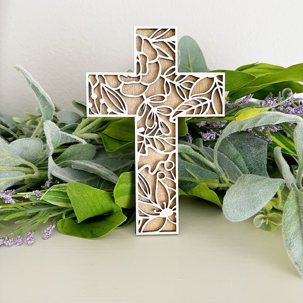 Floral Wooden Cross – Layered Rustic Christian Decor