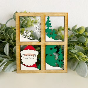 Santa in the Window Mini Christmas Sign – Tiered Tray Winter Decor, Laser Cut Wood