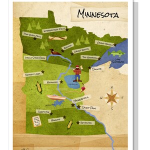 May include: A stylized map of Minnesota with various cities and landmarks highlighted. The map is illustrated with a green and brown color scheme and features a lumberjack character holding an axe. The text "Minnesota" is displayed at the top of the map.