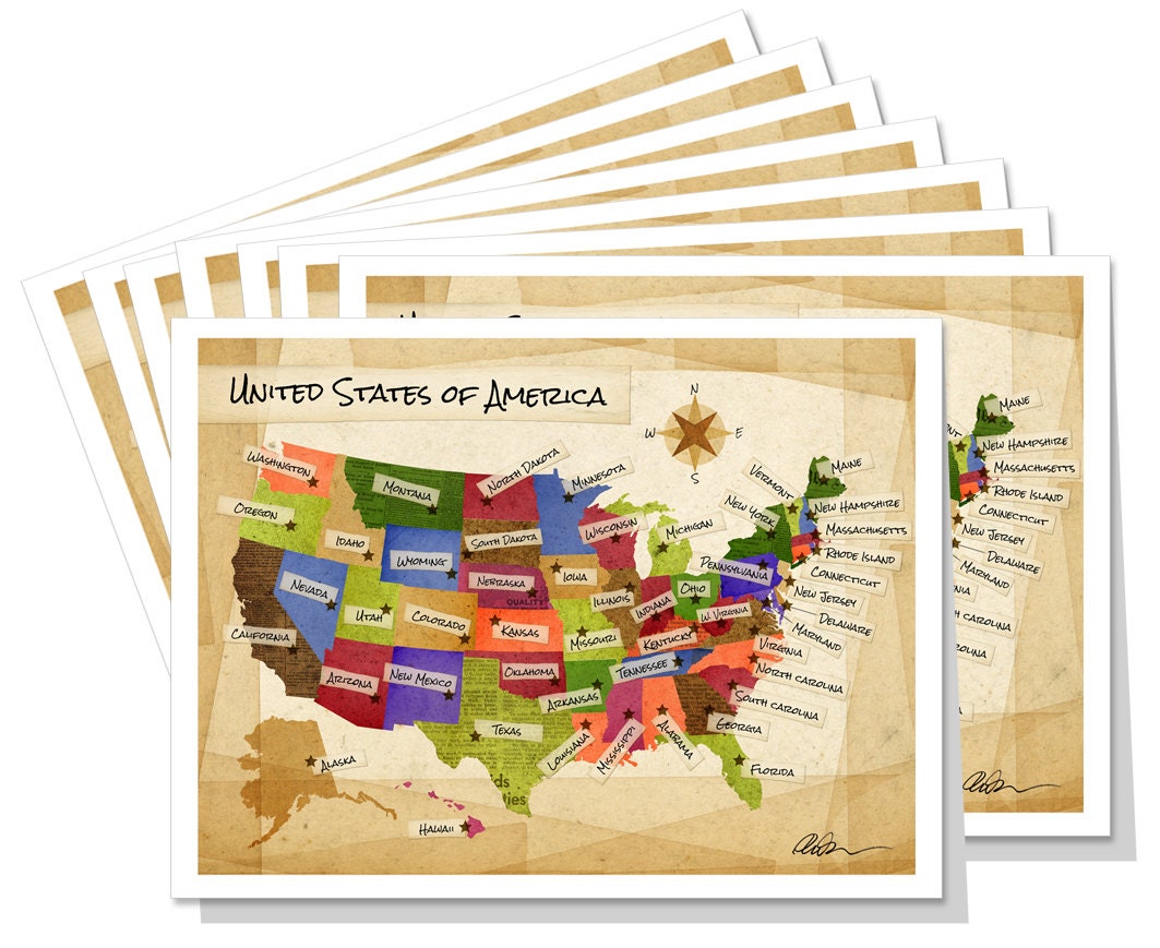 United States Map 8pc. Notecard Set Etsy