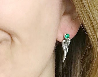 EMERALD Angel Wing Earrings, Gemstone Earring, May birthstone, Step mom birthday gift from daughter, Christian earring, religious jewelry