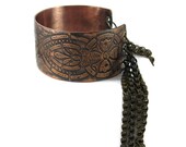 Copper Cuff Bracelet, Art Deco Design with Dangling Chains