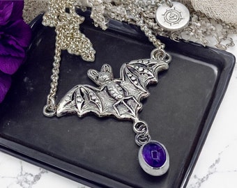 Sterling Silver Bat Necklace, Whimsigoth jewelry, Unique gift for Halloween Bride, February Birthday Gift for her sister, Amethyst gemstone