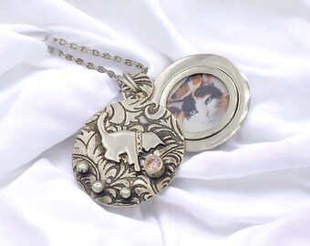 Silver locket necklace, Birthday gift for cat lover, Mothers  Day gift for grandma, keepsake gift, pet photo memorial gift for women