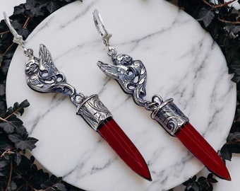 Red quartz dangle earrings, gothic dragon earring drops, fantasy jewelry gift for sister, dragon gift for girl, graduation gift 2023 for her