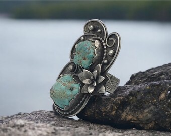 Boho turquoise ring, statement jewelry for women, jewelry gift for mom, turquoise gemstone ring for her, handcrafted silver cocktail ring