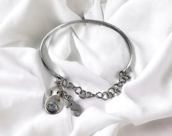 Seahorse sterling silver bangle bracelet, blue topaz, gift for bridesmaid,  November birthstone, something blue for bride