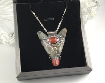 Carved Wolf Head Pendant Jasper, Sterling Silver, with bezel set carnelian cabochon