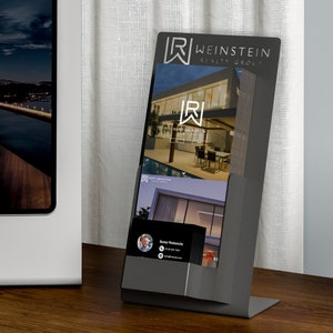 Brochure et biz en métal fait main avec logo personnalisé. Porte-cartes/organisateur de couleur noire, bureau, Design minimal, décoration de boutique de cadeaux, vente de maisons