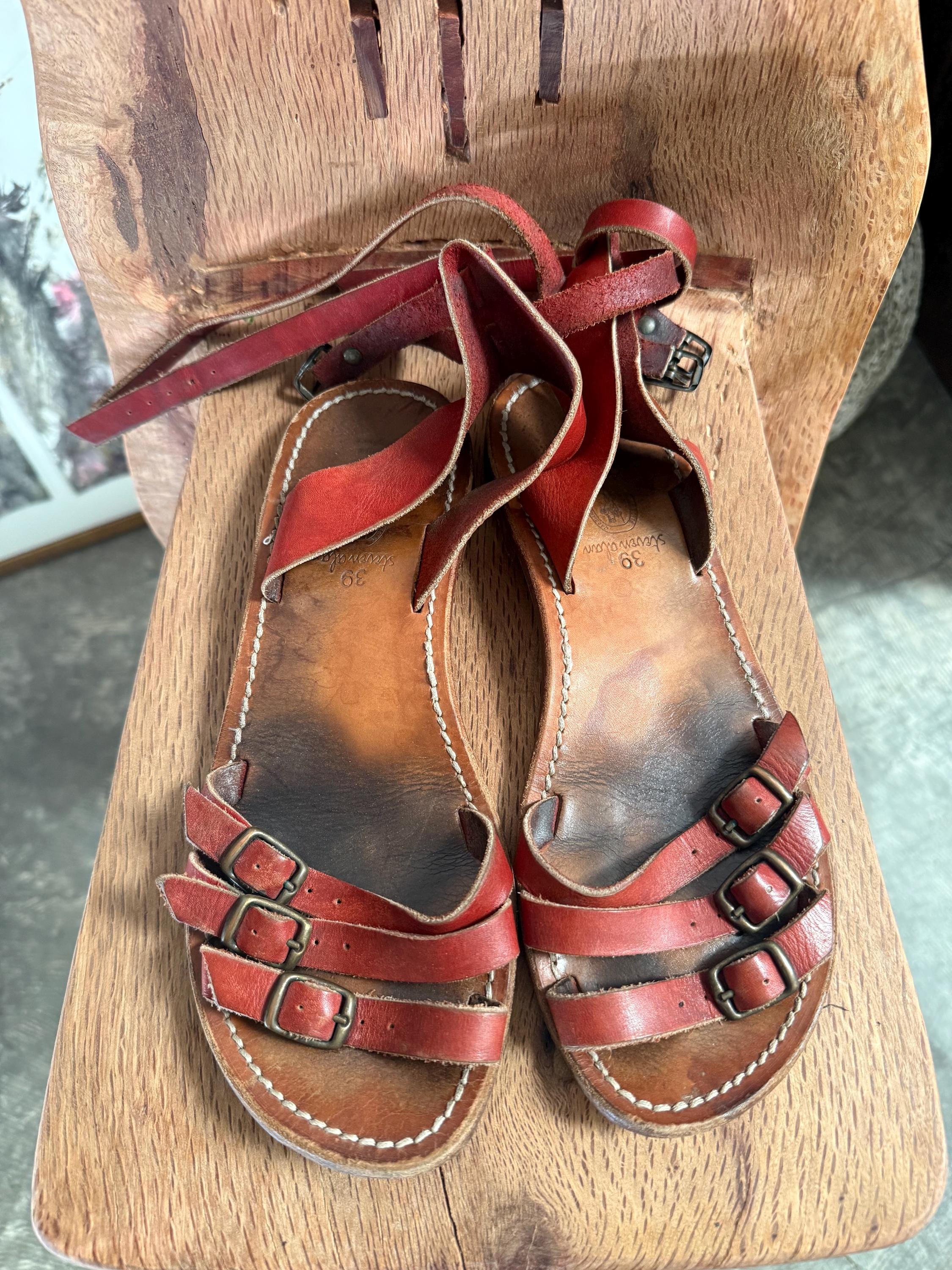 Vintage Leather 1960s Allan Temple Brown Leather Sandals with Straps tire sandals products for sale | eBay main image 4