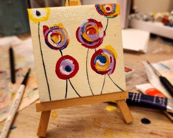 Small Hand-painted Abstract Floral Painting on Canvas, Comes with Mini Easel - Mini Painting with Easel