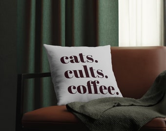 Caffeinated Cats: Quirky Cults Coffee Throw Pillow for Cat Lovers
