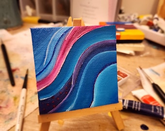 Small Hand-painted Abstract Painting on Canvas, Comes with Mini Easel - Mini Painting with Easel