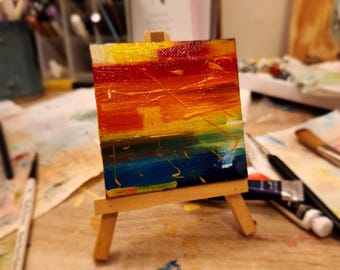 Small Hand-painted Abstract Painting on Canvas, Comes with Mini Easel - Mini Painting with Easel