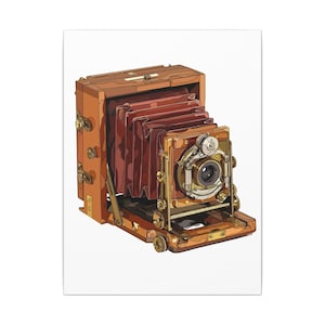 May include: Illustration of a vintage wooden camera with a bellows design. The camera has a brown and tan color scheme with brass-colored accents. The lens is black, and the bellows are a deep red. The camera is set against a white background.