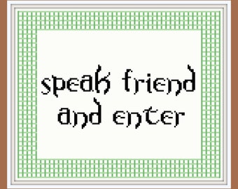 Pode incluir: Um fundo branco com uma borda quadriculada verde. O texto "speak friend and enter" está escrito em preto.