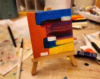 Small Hand-painted Abstract Painting on Canvas, Comes with Mini Easel - Mini Painting with Easel