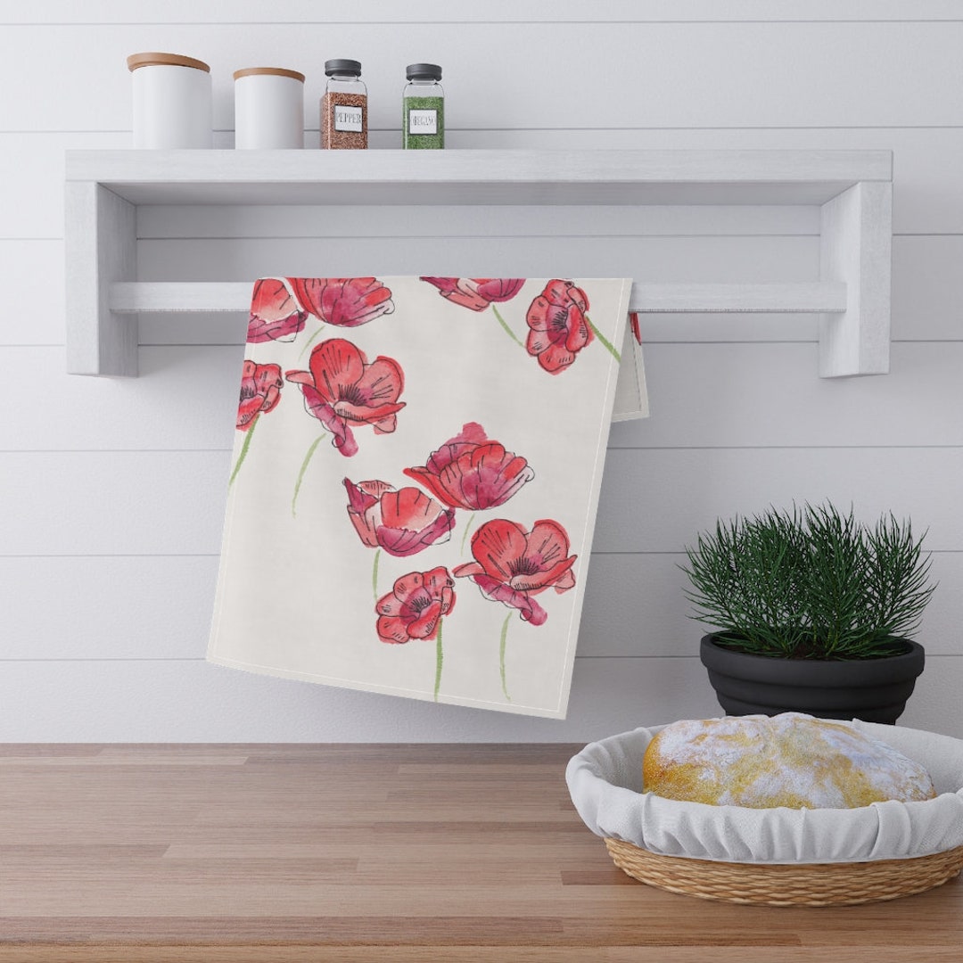 Red Poppy Kitchen Towel Cute Kitchen Towel Watercolor Print Etsy