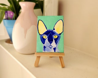 Small Hand-painted Cat Painting on Canvas, Comes with Mini Easel