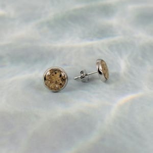 May include: A pair of round stud earrings. Each earring features a light brown, speckled center encased in a silver-colored metal bezel. The earrings are displayed on a light blue, textured surface.