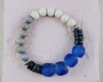Cobalt Sea Glass Bracelet, Coastal Boho Stretch Beach Jewelry