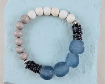 Teal Sea Glass Bracelet, Coastal Boho Stretch Beach Jewelry