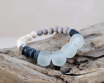 Seafoam Sea Glass Bracelet, Coastal Boho Stretch Beach Jewelry
