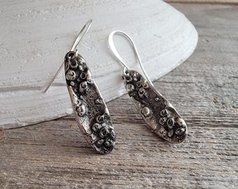 Silver Beach Earrings, Seashell Barnacle Drop Jewelry, Coastal Ocean Gift