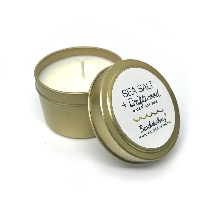 Sea Salt and Driftwood Soy Candle 4oz Gold Tin Made in Etsy