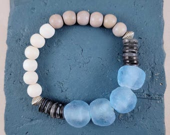 Aqua Sea Glass Bracelet, Coastal Boho Stretch Beach Jewelry