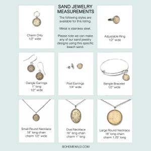 May include: A variety of sand jewelry styles are displayed, including a charm, ring, dangle earrings, post earrings, bangle bracelet, and necklaces. The jewelry is made of stainless steel and features sand designs. Measurements are provided in inches.