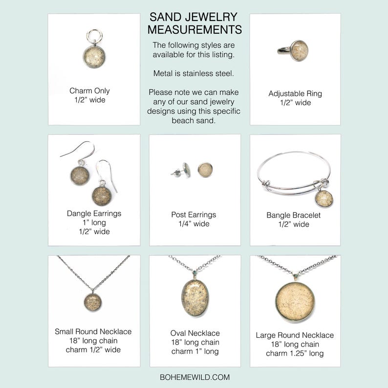 May include: A variety of sand jewelry styles are displayed, including a charm, ring, dangle earrings, post earrings, bangle bracelet, and necklaces. The jewelry is made of stainless steel and features sand designs. Measurements are provided in inches.