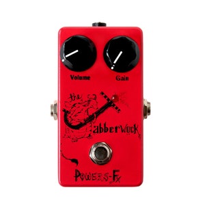 May include: Red guitar effects pedal with black knobs labeled "Volume" and "Gain". The pedal has a black and white illustration of a creature with the text "the Jabberwock" and the brand name "Powers-Fx".
