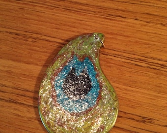 Peacock feather paisley pendant, hand painted, free shipping, made in Canada