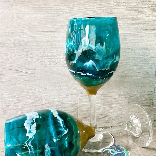 Glass Beach Ocean Themed Stem Wine Glass - Clear Stem - Blue Teal and Gold - Glitter Wine Glass - Mom Gift - Handpainted - Housewarming Gift