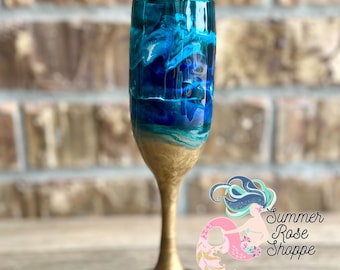 Glass Beach Ocean Themed Champagne Glass - Blue Teal and Gold - Wedding Gift - Beach Theme - Mom Gift - Hand painted - Housewarming Gift