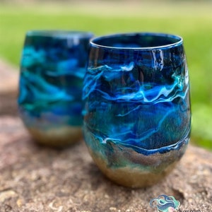 Glass Beach Ocean Themed Large Stemless Wine Glass - Blue Teal and Gold - Custom Wine Glass - Mom Gift - Hand painted - Housewarming