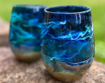 Glass Beach Ocean Themed Large Stemless Wine Glass - Blue Teal and Gold - Custom Wine Glass - Mom Gift - Hand painted - Housewarming