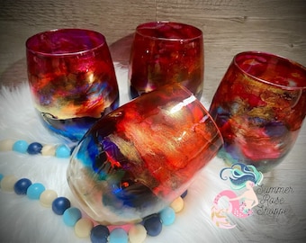 Glass Beach Ocean Sunset Themed Stemless Wine Glass - Blue Teal Reds and Gold - Beach Sunset Gift - Mom Gift - Housewarming