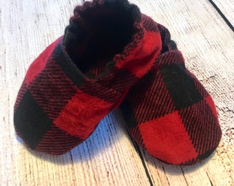 Baby Buffalo Plaid Bootie Crib Shoes Slippers in Fleece or Flannel