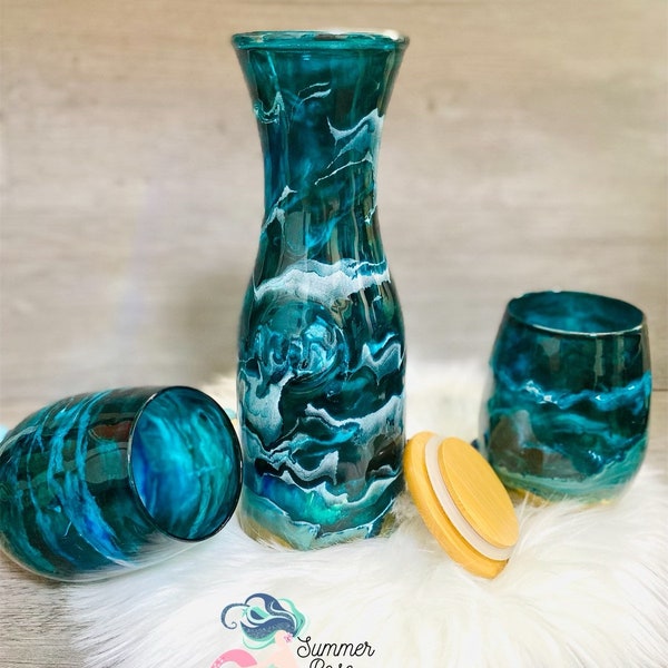 Glass Beach Ocean Themed Wine Carafe with Lid - Blue Teal and Gold - Beach House - Mom Gift - Hand painted - Housewarming - Decanter - Glass