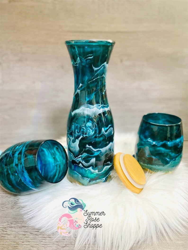 Glass Beach Ocean Themed Wine Carafe With Lid Blue Teal and Etsy