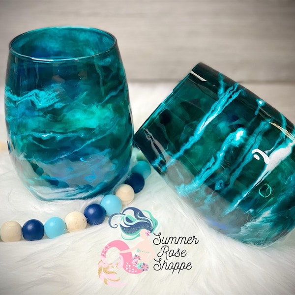 Glass Stormy Ocean Themed Stem or Stemless Wine Glass - Stormy Skies Wine Glass - Blue and Teal - Mom Gift - Hand painted - Housewarming