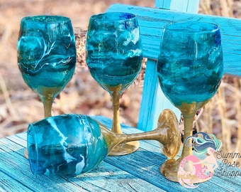 Glass Beach Ocean Themed Stem Wine Glass - Blue Teal and Gold - Glitter Wine Glass - Mom Gift - Hand painted - Housewarming Gift