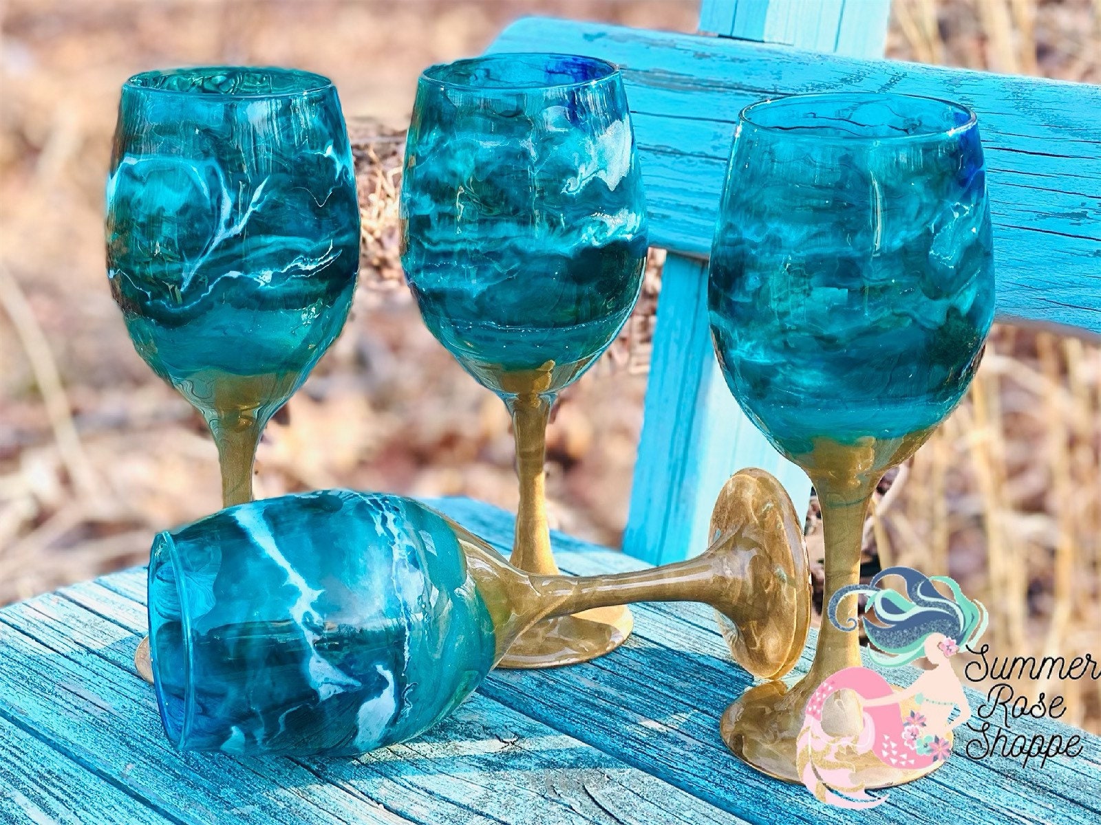 Set Of 5 Heavy Wine Glasses Beach/Ocean Blue Glass, White Paint, Green Stem