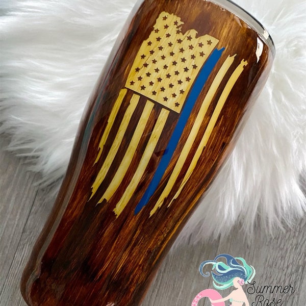 Thin Blue Line Woodgrain Tumbler - Personalized Gift - Guys Tumbler - Policeman - Police Officer Gift - Detective - Back the Blue