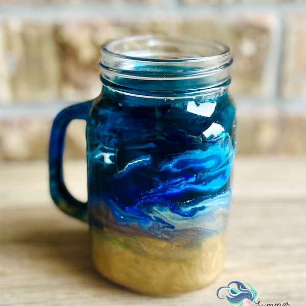 Blue Beach Ocean Themed Glass Mason Jar  - Blue Teal and Gold - Custom Wine Glass - Mom Gift - Hand painted - Housewarming - Handmade