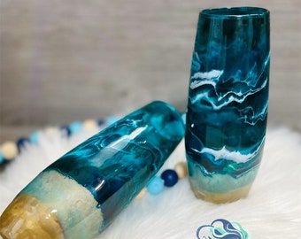 Glass Beach Ocean Themed Stemless Champagne Glass - Blue Teal and Gold - Custom Toasting Glass - Wedding Gift - Hand painted - Beach Wedding
